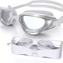 Swim Goggles, Unisex Adult Swimming Goggles Anti Fog Anti UV No Leakage Wide View for Men Women Youth (White Silver/Clear)