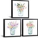 LyerArtork 3 Piece Flowers Wall Art Canvas Prints Butterfly Wildflowers in the Vase Floral Botanical Watercolour Painting Rustic Wall Decor for Living Room Bedroom Black Framed 12x12inchx3
