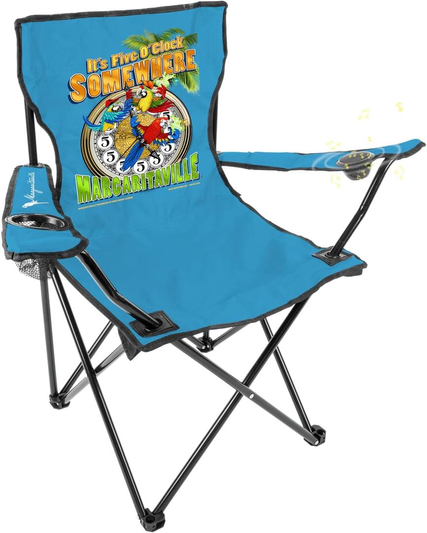 Margaritaville Folding Chair with Wireless Speakers, Beach Chair with Waterproof Wireless Speakers, 5 Hour Playback Time, 20 Foot Bluetooth Range, Cup Holder, Backpack, Padded Head and Neck Rest, Standard