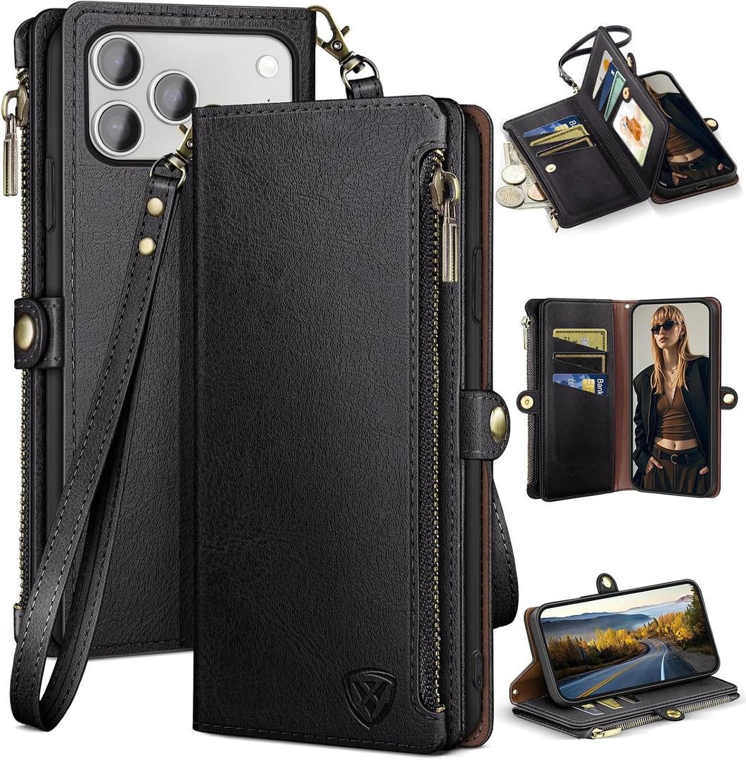 XcaseBar Compatible with iPhone 17 Pro 6.3" Wallet case with Zipper Credit Card HolderRFID Blocking,Flip Folio Book PU Leather Phone case Shockproof Cover Women Men for Apple 17 Pro case Black