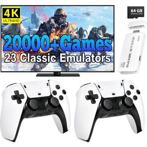 Retro Gaming Console, 20,000+ Retro Game Stick, 23 Emulators, 4K HD HDMI TV Game Stick, Includes 2 Wireless 2.4GHz Controllers,Plug & Play Video Games for TV(64GB)