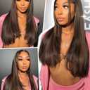 Brown Highlight U Part Wig for Black Women Layered Yaki Straight V Part Wig Synthetic Half Wigs Glueless Realistic Pull and Go Beginner Friendly for Daily Party Use, 24inch,Highlight Brown 