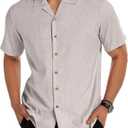 Linen Shirts for Men Casual Short Sleeve Button Down Shirt Cool Summer Beach Wedding Vacation Tops (Large, Light Grey)