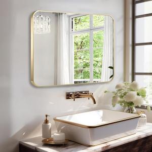 French Gold Mirror for Wall Decor, 43x32 Inch Brushed Brass Metal Framed Rectangle Wall Mirror for Bathroom Vanity, Living Room, Bedroom, Farmhouse, Hangs Vertically or Horizontally (40"L x 30"W, Brushed French Gold)