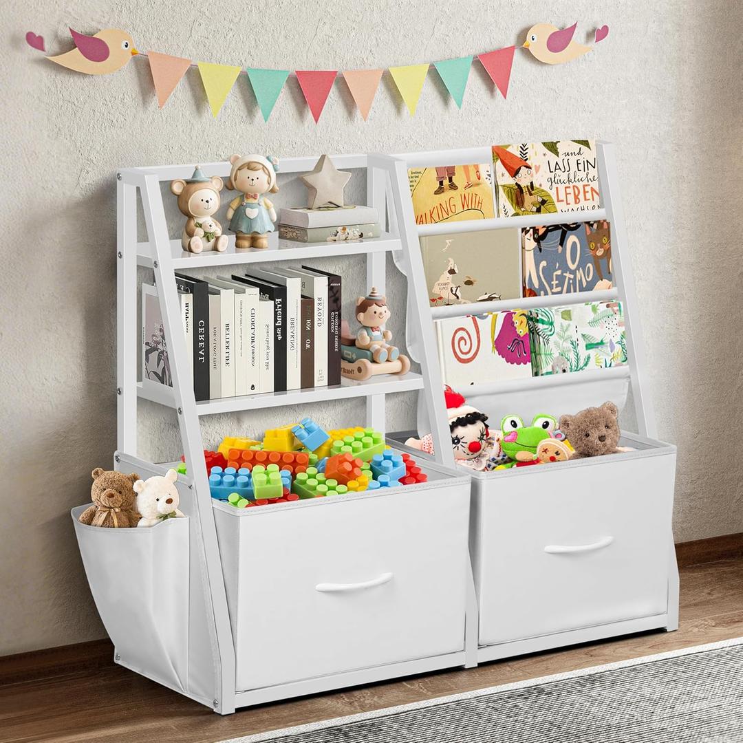 LOFTEY Kids Bookshelf and Toy Storage, Book Shelf for Kids Room, Toddler Montessori Bookshelf with 2 Drawers, Baby Book Shelf for Nursery, Toy Organizer, White