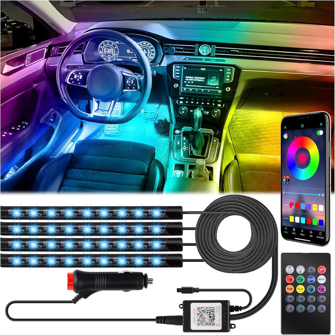 Car Interior Lights, 12V LED Strip Lights with Cigarette Lighter Adapter, Ambient Car Lighting Kit, App & Remote Control Music Sync Color Change Strip Lights for SUVs & Trucks (48LED Beads)