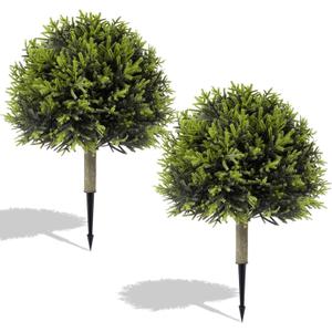 Capoda 2 Pack 24" Artificial Norfolk Pine Topiary Ball Trees with Ground Spike, Christmas Outdoor Shrubs, Fake Plants for Winter Holiday Xmas Outdoor Indoor Front Door Porch Patio Garden Yard Decor