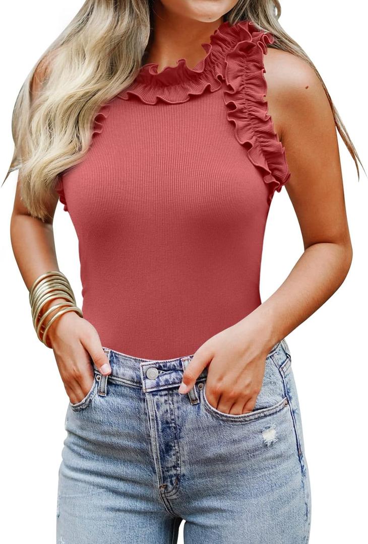 WAYMAKER Women's Sleeveless Racer Back Ruffle Mock Turtle Neck Ribbed Bodysuit Tank Tops S