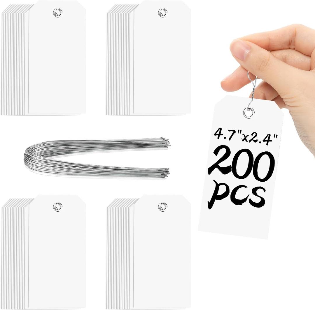 200 Pieces White Blank Shipping Tags 4 3/4" x 2 3/8" With String Hanging Plastic Attached - Reinforced Waterproof Wire Marking Tags #5 for Inventory, Luggage, Garage Parts, Asset (White)