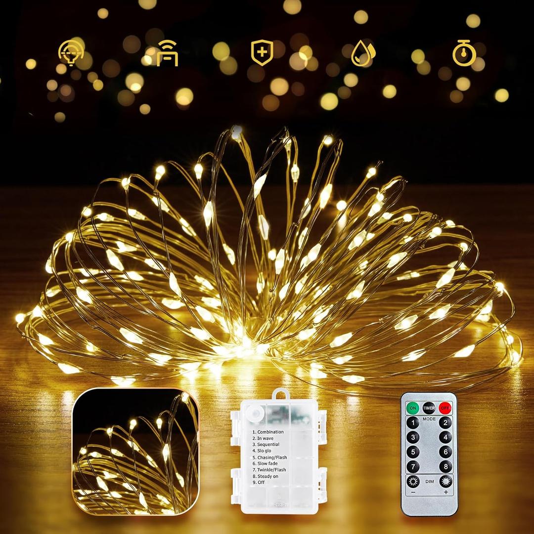 Minetom Fairy Lights Battery Operated with Remote, 66Ft 200 LED Waterproof String Lights Indoor Outdoor, Starry Twinkle Light for Christmas Home Bedroom Wedding DIY Centerpiece Decor (Warm White)