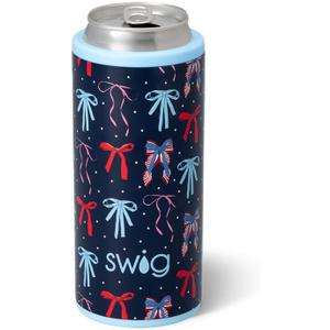 Swig Life Skinny Can Cooler, 12oz Insulated Slim Can Holder, Stainless Steel Cans Cooler, Covers for Tall Beer Bottles, Beach Accessories for Women (Miss Independence)