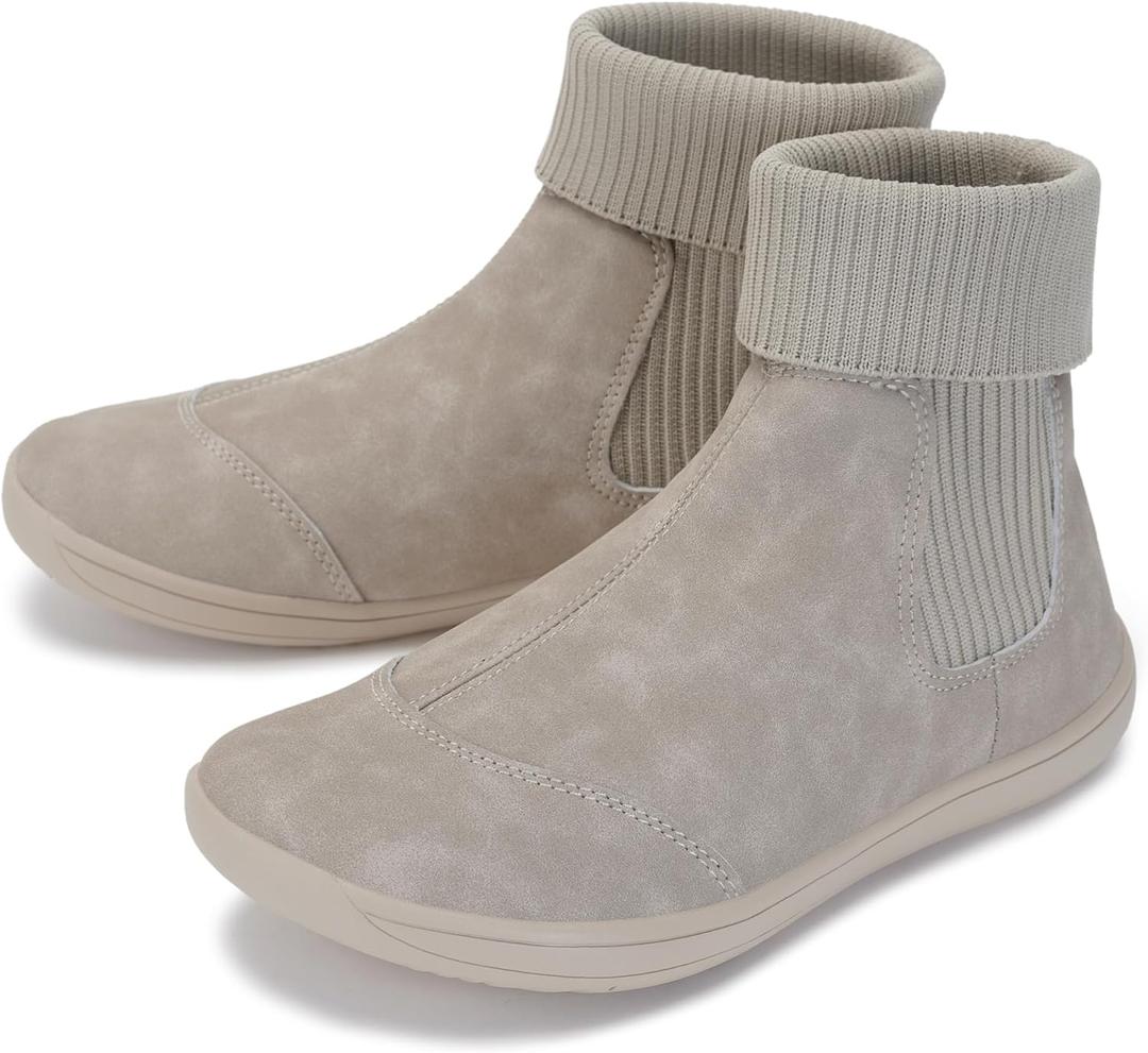 WHITIN Women's Wide Barefoot Ankle Boots | Minimalist Chelsea Styles | Zero Drop | Stacked Sock-like Cuffs (W821 | Beige)
