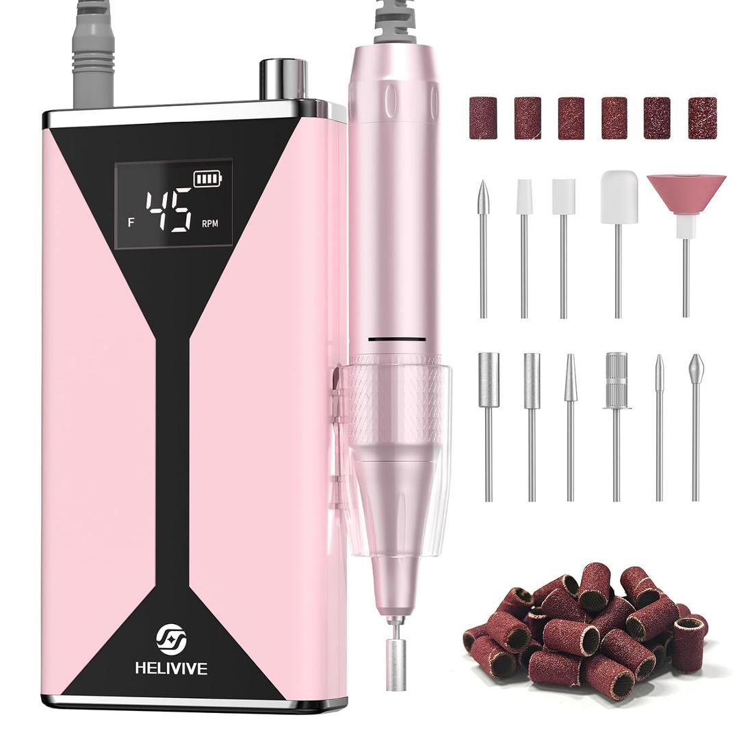 Professional Electric Nail Drill 45000RPM (Portable & Rechargeable) (with 11 Drill Bits ) Cordless Nail File Machine for Shaping, Polishing & Removing Gel Nails for Salon Home (Pink)