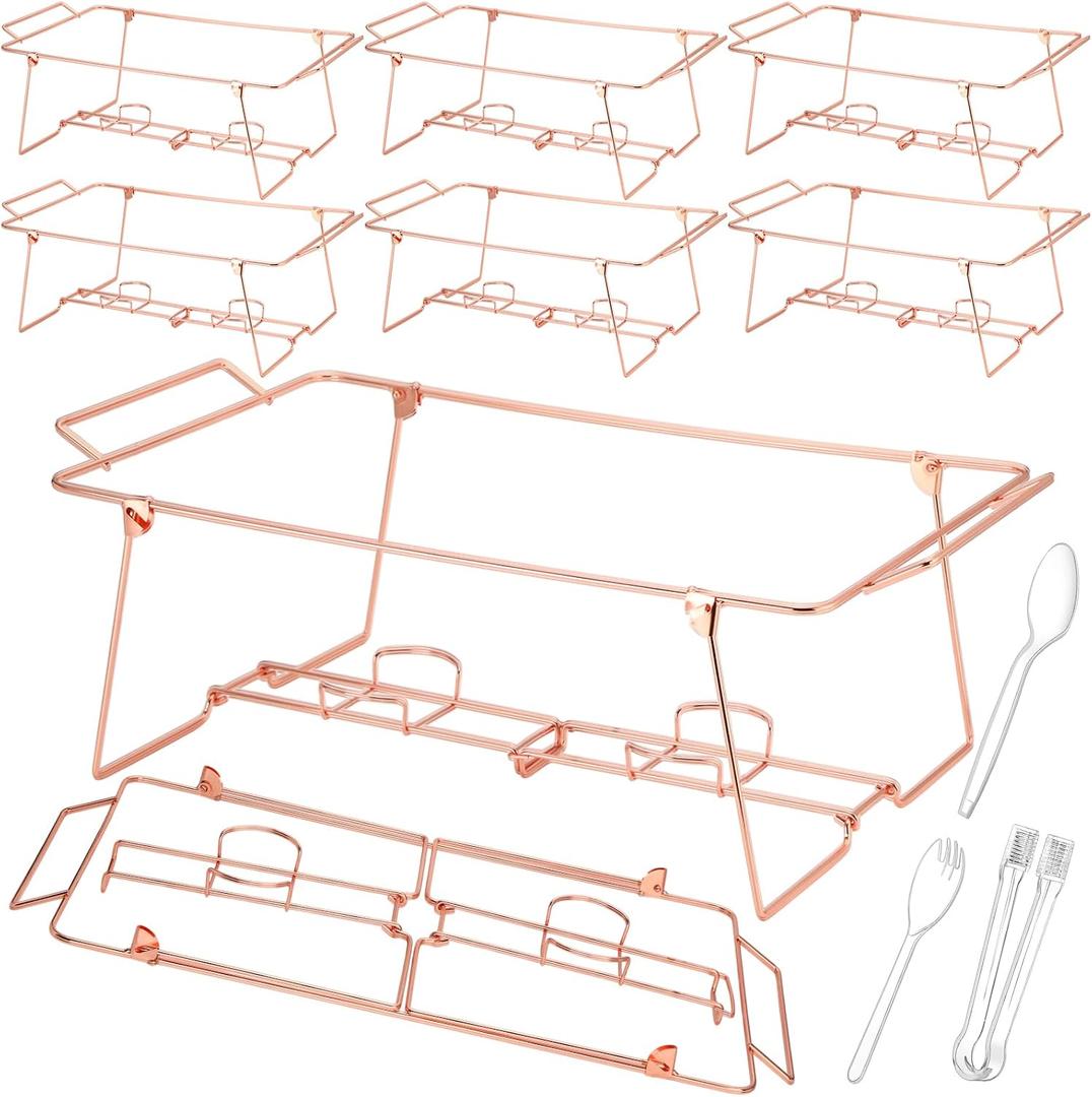 Geosar 32 Pack Wire Buffet Rack Stand Folding Chafing Stand Chrome Frame Serving Trays Food Warmer with Plastic Tong Fork and Spoon for Christmas Thanksgiving Home Party Catering Supplies (Rose Gold), one size