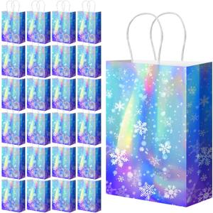 Tenceur 24 Pcs Winter Snowflake Gift Bags Blue and Purple Holographic Iridescent Bag Winter Kraft Paper Candy Treat Goodie Party Favor Bags for Holiday Birthday Party Wonderland Supplies