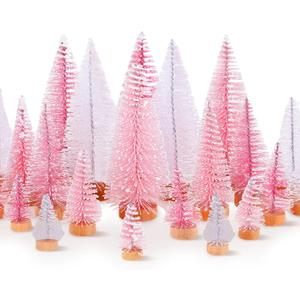 Leyndo 24 Pcs Pink White Artificial Mini Christmas Tree Xmas Sisal Bottle Brush Trees with Wood Base Christmas Decor for Xmas Party Table Top Winter Ornaments Home Kitchen Crafts