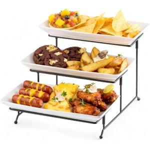 Gomakren 3 Tier Serving Trays Stand Porcelain Serving Platters 12 Inch White Serving Plates Dinner Platters for Appetizer Snack Fruit Cup Cake Tray Display Christmas Serving Dishes for Entertaining (15.9" x 11.7" x 9.1", Black)
