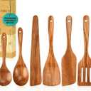 ANBUY Wooden Spoons for Cooking, 6Pcs Kitchen Utensils Set, Heat Resistant Flat Spatulas and Spoons Set for Nonstick Cookware, Smooth Finish, Comfortable Grip(6 Pcs)