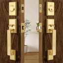 Moquin Double Front Door Lock Set, Brushed Gold Square Front Door Hardware Set with Dummy, Heavy Duty Door Handle with Deadbolt, Stain Brass Double Entry Door Lock Set with Reversible Handle