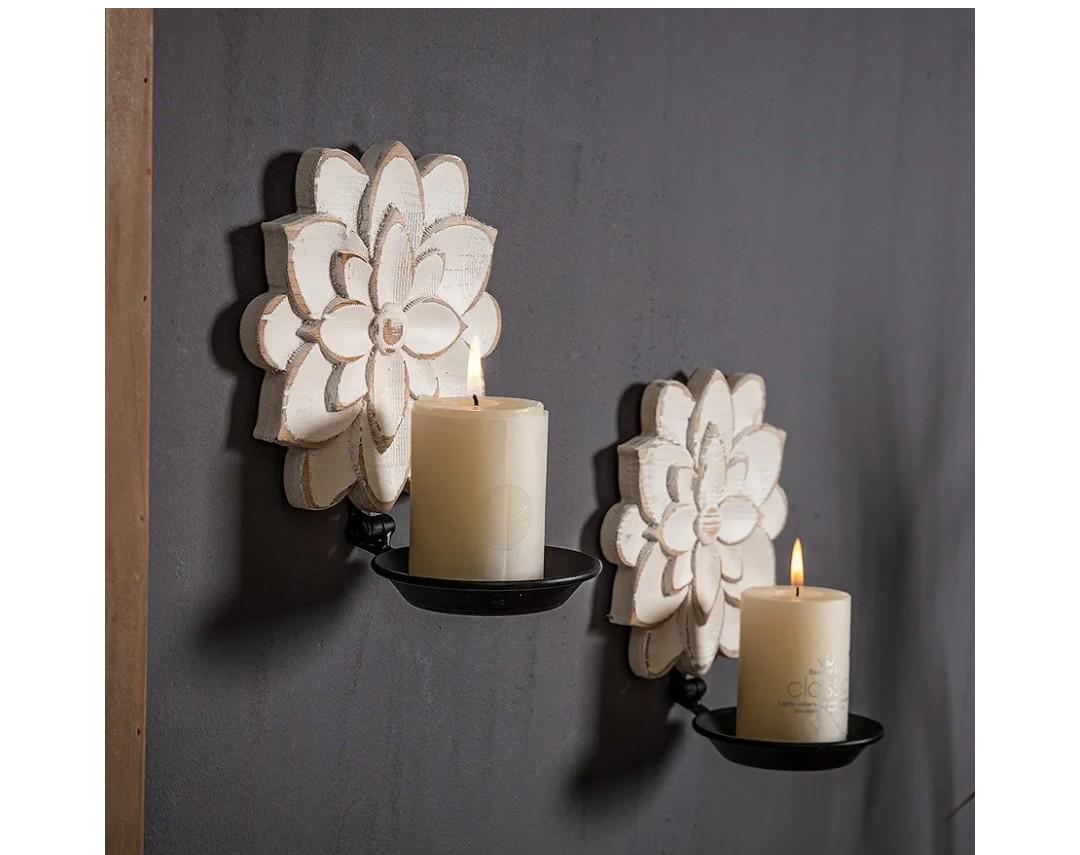 Farmhouse Candle Sconces Set of Two, Handcarved Wall Candle Holders Decorative, Flower Pattern, Distressed Finish Rustic Candle Holder Wall Decor for Living Room, Hallway