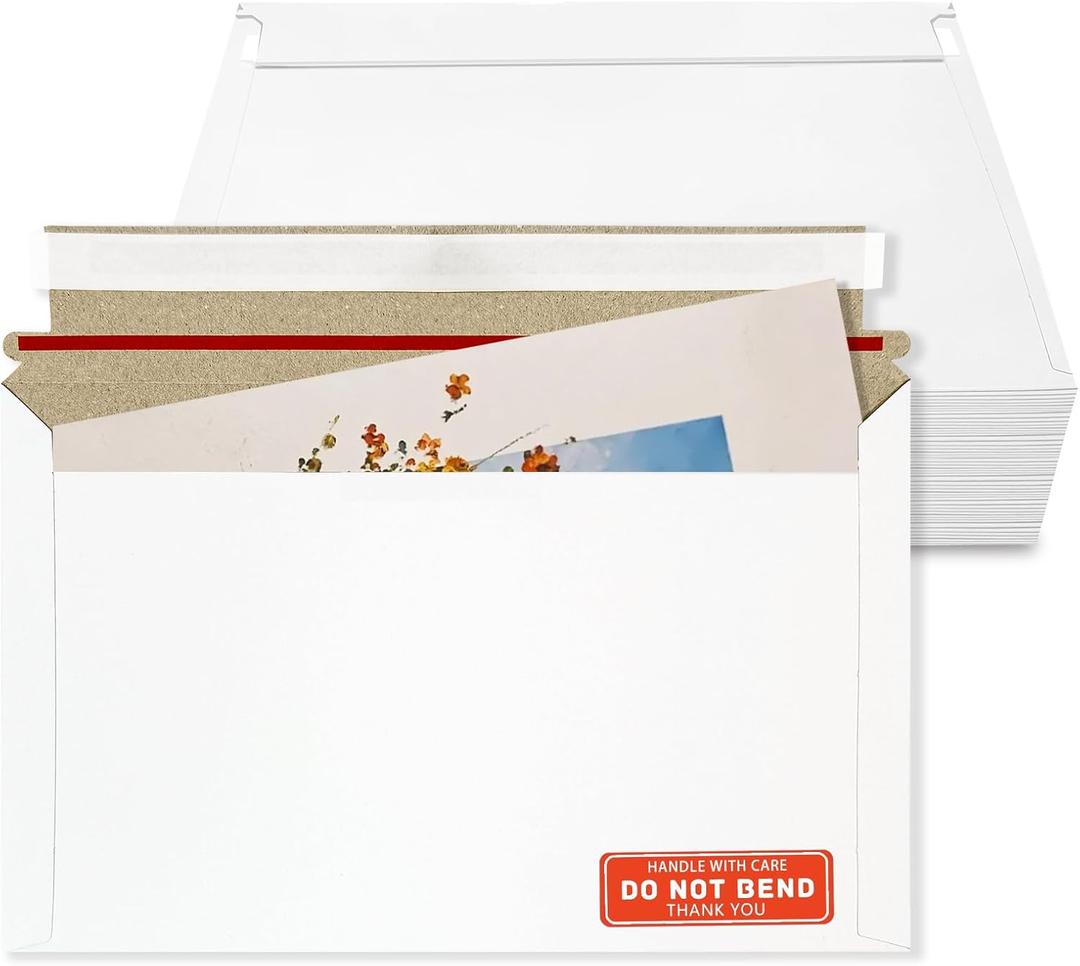 Cheardia 120 Pack Photo Document Mailers with Self Adhesive Seal, 13 x 9.25 Inch Rigid Mailers Stay Flat Cardboard Envelope with Label for CD, Photos, White