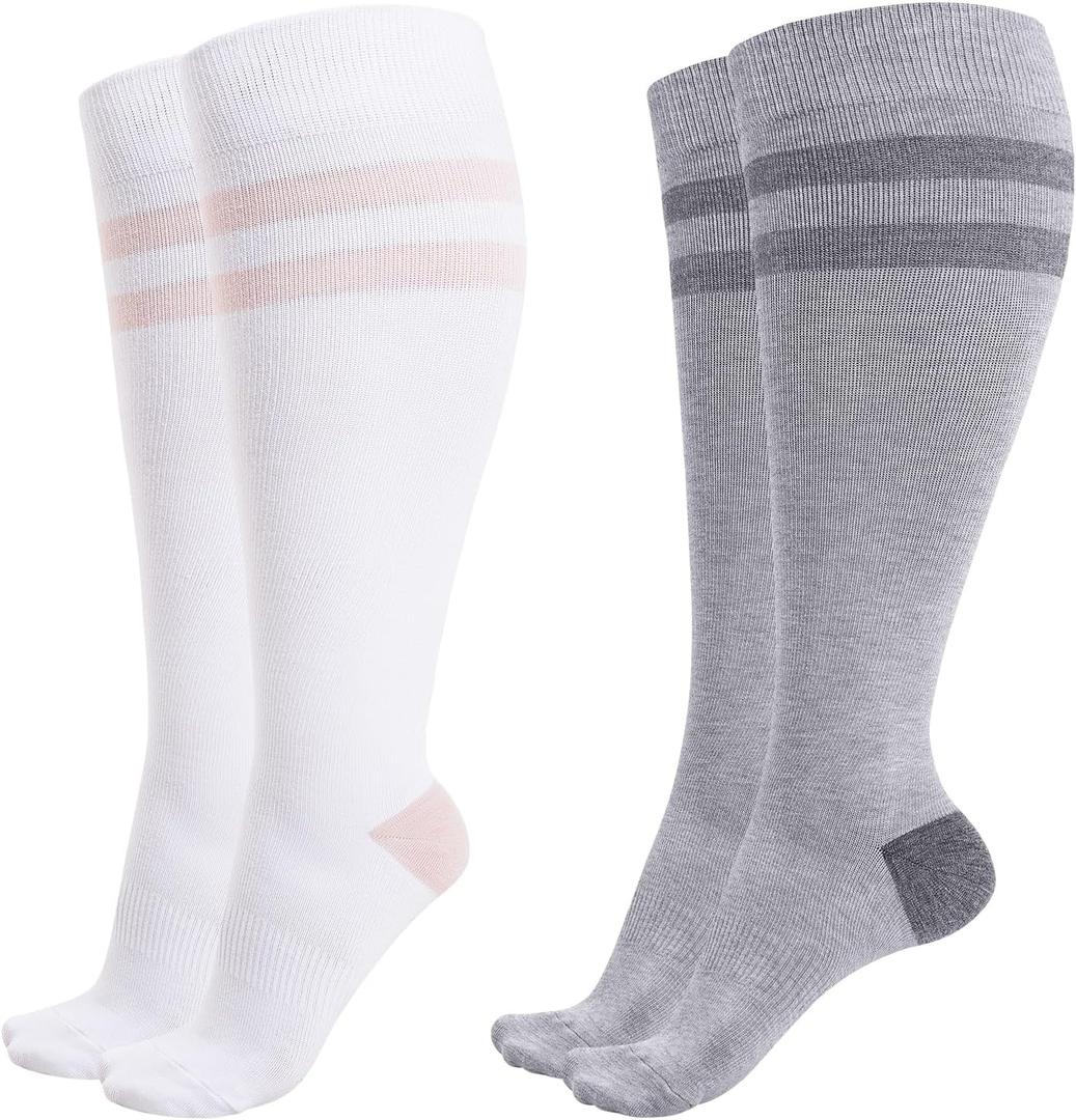 Momcozy Compression Socks for Women Wide Calf, 15-20mmHg Knee High Support Socks for Pregnancy, Nurses, Flying, Travel (3X-Large, White/Light Gray)