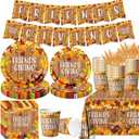 Friendsgiving Party Decorations 142pcs Friendsgiving Theme Tableware Thanksgiving Turkey Maple Leaves Disposable Paper Plates,Napkins,Tablecloth for Fall Autumn Party Supplies