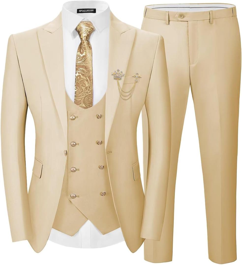 SPTALLFITJSV 3 Piece Suit Men Champagne Mens Double Breasted Blazer Tuxedo Suits Set for Formal Wedding Business Prom Party, Size X-Large 