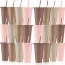 Skylety 24 Pcs Boho Plastic Cups with Lids and Straws 24 oz Reusable Tumbler Large Travel Mug Cup Coffee Beverage Drinks Party Supplies for Wedding Bridal Baby Shower Birthday