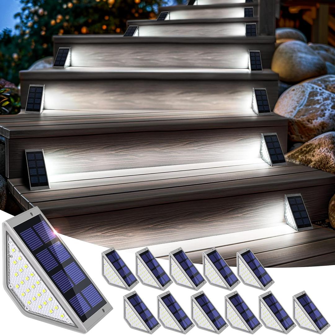SOLPEX Solar Stair Lights for Outside,24 LEDs Solar Step Lights Outdoor Waterproof Decor for Stair, Step, Deck, Fence, Balcony, Patio, Wall, Yard, Garden (12 Pack, Gray Shell&Cold White)