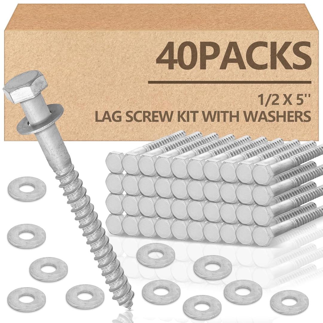 Tandefio 40 Pack 1/2 x 5'' Lag Bolts Screw Kit with Washers Hot Dip Galvanized Hex Lag Bolts Heavy Duty Wood Screws for Wood Decks Fences