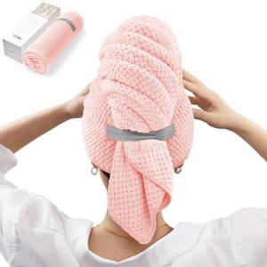 YFONG Large Hair Towel Wrap for Women, Super Absorbent Microfiber Hair Towel for Curly Hair, Fast Drying Hair Turbans with Elastic,Hair Drying Towel Wrap for Hair Care 26.3" X 40" (Pink)