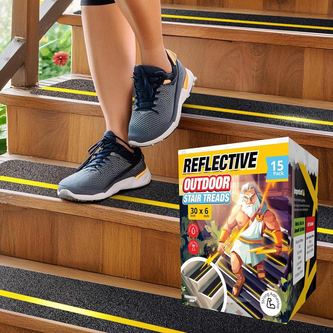 THUNDER GRIP Reflective Grip Tape for Stairs 30" x 6" - 15-Pack Outdoor Stair Treads Non-Slip Weather Resistant - Anti Slip Tape for Exterior Wooden Steps - Waterproof 80-Grit Adhesive Treads