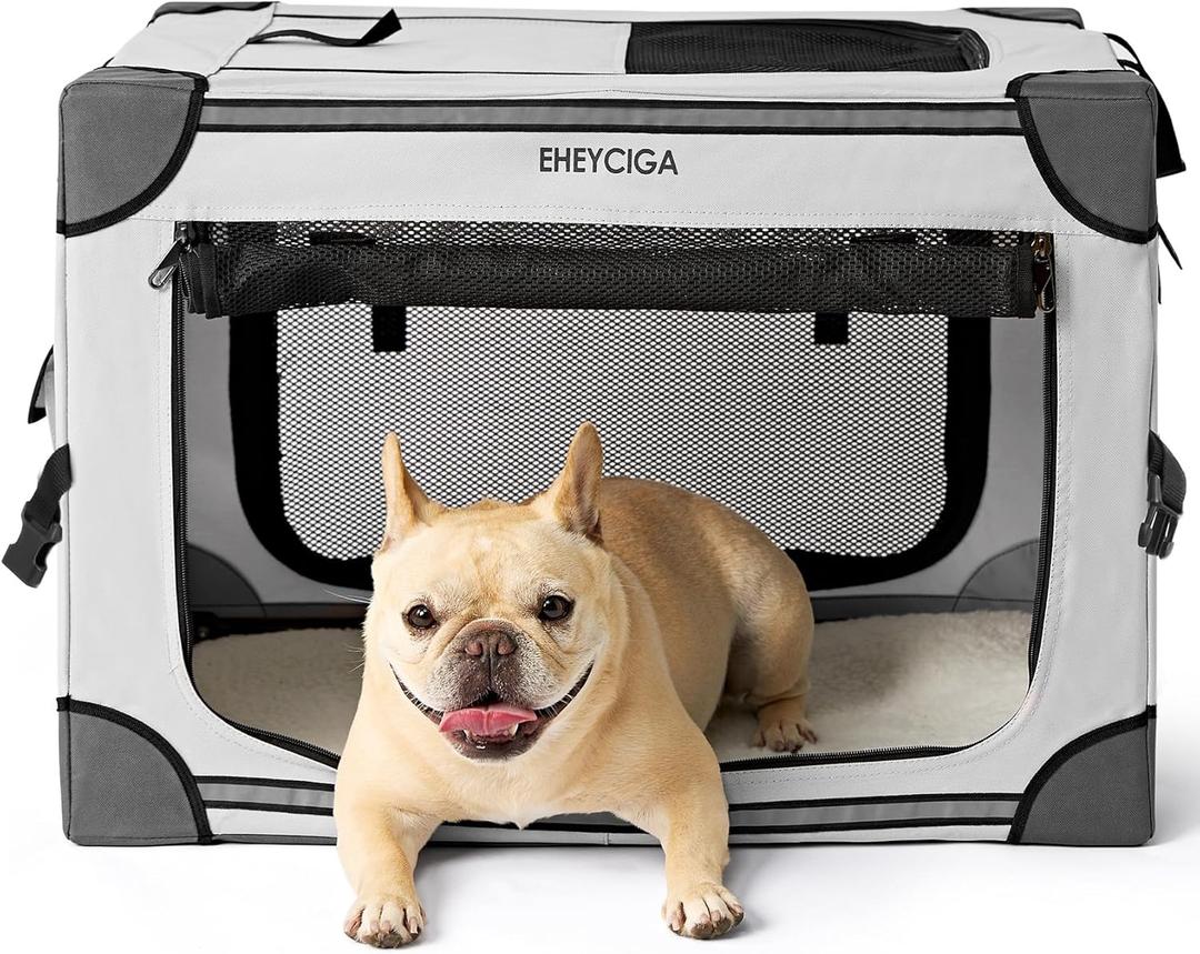 EHEYCIGA Portable Dog Travel Crate 26 Inches, Collapsible Dog Crate for Small Dogs, Soft Foldable Dog Kennel with 4-Door Mesh Windows Indoor & Outside, Grey