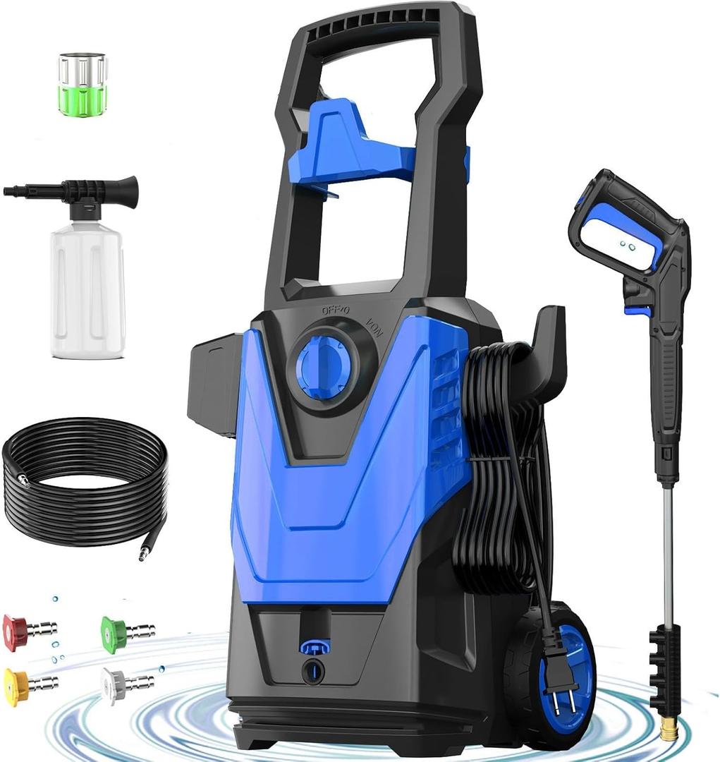 Electric Pressure Washer, 4800PSI Max 3.0GPM Power Washer Electric Powered with 20FT Hose, 35FT Power Cord, 4 Nozzles Foam Cannon High Pressure Washer for Car Patio Garden Fences(Bule) (Blue)