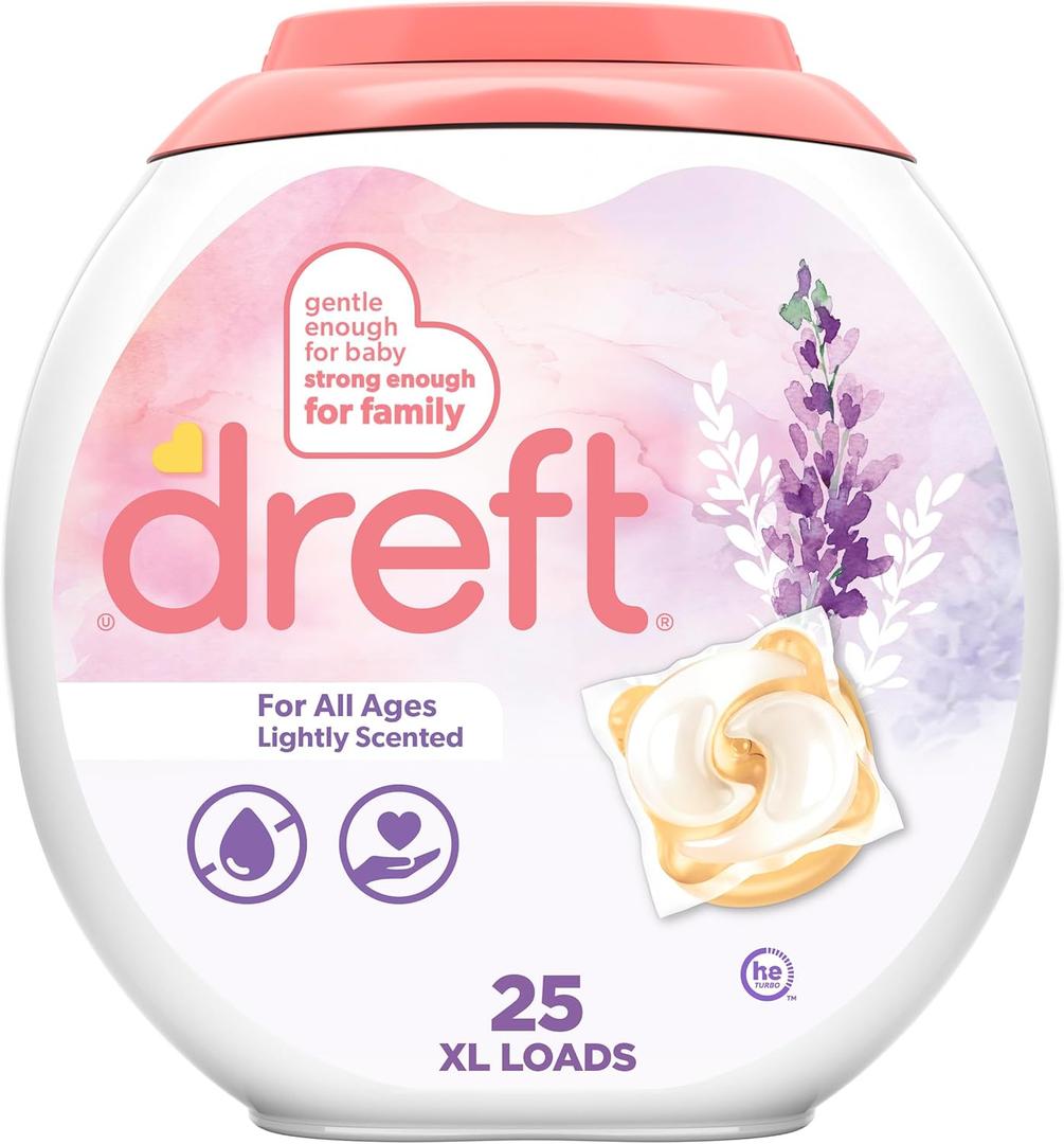 Dreft Laundry Detergent Pacs, Lightly Scented, Lavender, For Baby and Family, XL Pacs, 25 Count