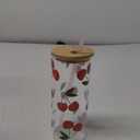 Creative Brands Bella Mon Cheri Red Cherry Pattern 20 ounce Glass Bamboo Drinking Smoothing Travel Tumbler with Straw