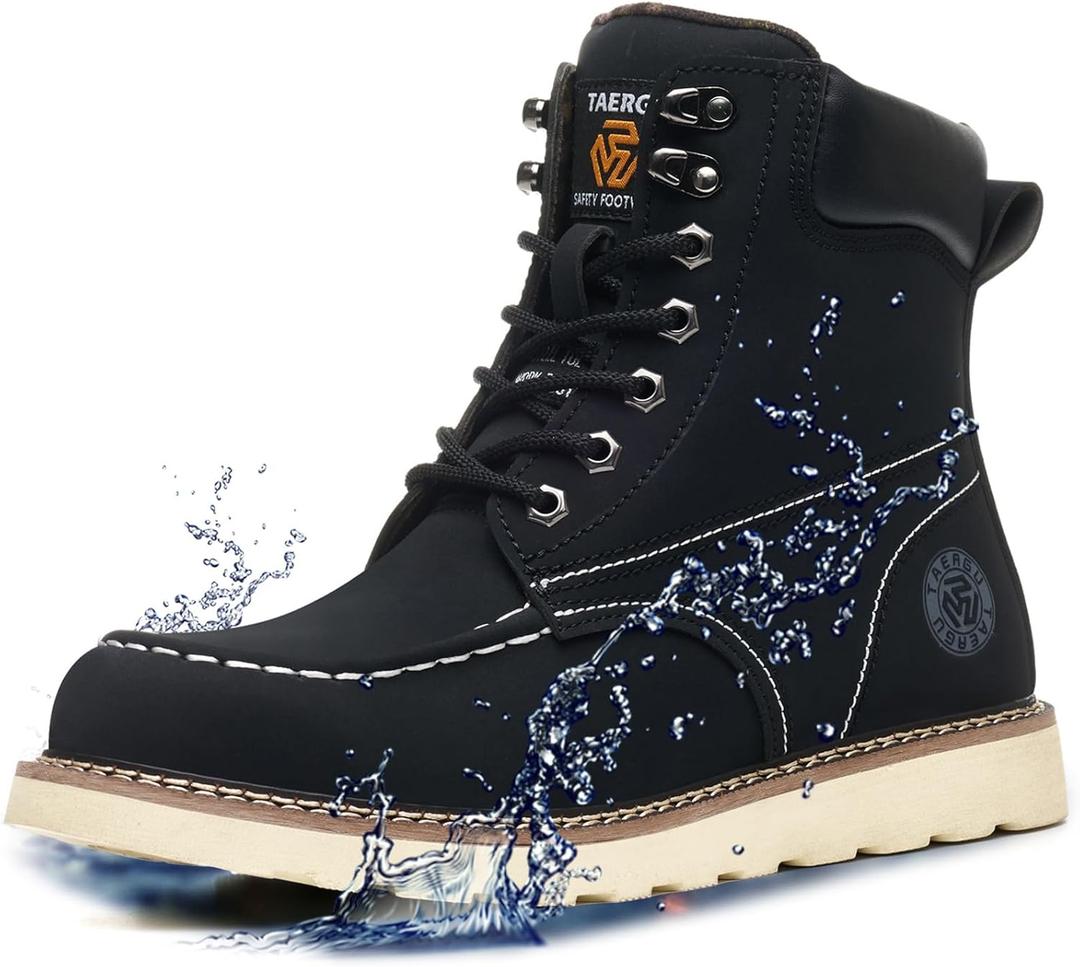 Steel Toe Boots for Men-6 Inch Moc Toe Safety Work Boots Non-Slip Resistant Indestructible Construction Western Boot Mens Steel Toes Shoes (Size 9, Waterproof Black)