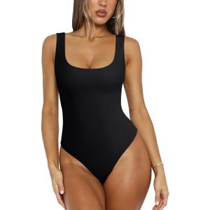 REORIA Bodysuit for Women Scoop Neck Sleeveless Tank Top Bodysuits 2025 Sexy Thong Bodysuit Basic Leotards for Women (Large, Black)