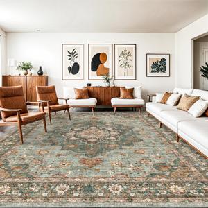 Washable Oriental Area Rug - 10x14 Rugs for Living Room Soft Carpet for Bedroom Waterproof Floral Distressed Indoor Stain Resistant Non-Shedding Floor Carpets (Green, 10X14)
