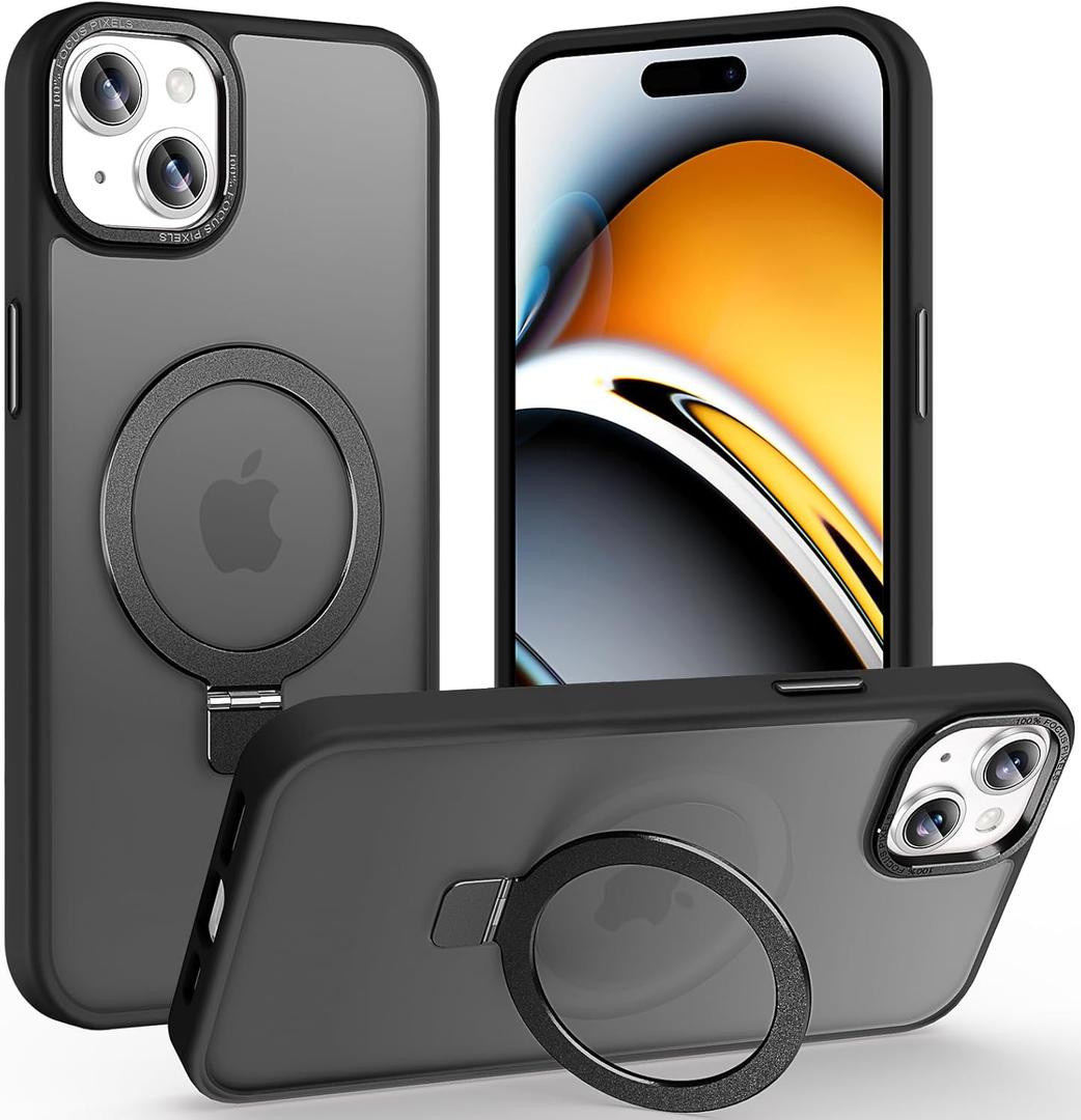 Magnetic for iPhone 15 Plus Case with Ring Stand, [10 FT Drop Protection] [Velvety Touch] Slim Translucent Matte Back Shockproof Phone Case for iPhone 15 Plus 6.7'', Space Black