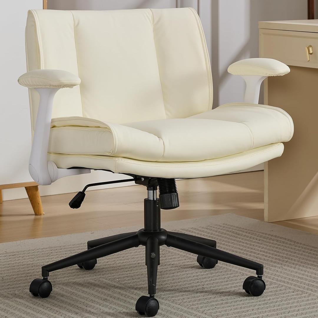 Criss Cross Chair with Flip-Up Armrests Leather, Cross Legged Office Chair on Wheels, Comfy Swivel Chair with Wide Seat for Home Office, Vanity, Accent, Ergonomic Desk Chair Adjustable, Beige (Beige)