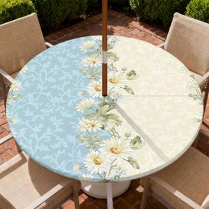 Round Outdoor Tablecloth with Zipper and Umbrella Hole, Fitted Table Cloth with Elastic, Oil Waterproof Tablecover for Patio Picnic Camping Garden Fits 32"-36" Round Table, Flower Collage