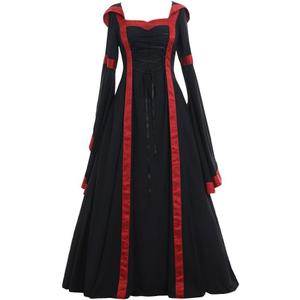 CosplayDiy Women's Gothic Victorian Witch Vampire Dress Medieval Renaissance Hooded Dress Trumpet Sleeves Cosplay Gown Dress (Black&red)