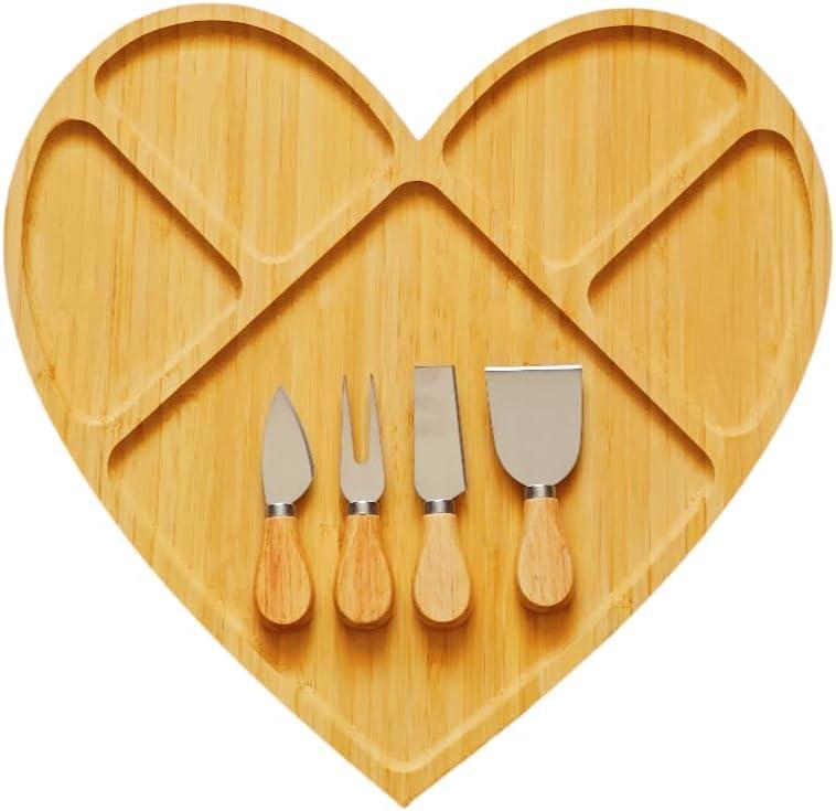 Heart Shaped Cheese Board and Knife Set,Large Bamboo Charcuterie Board Set,Cheese Platter Serving Board with 4 Stainless Steel Knife,Wooden Cheese Tray,Perfect for Housewarming