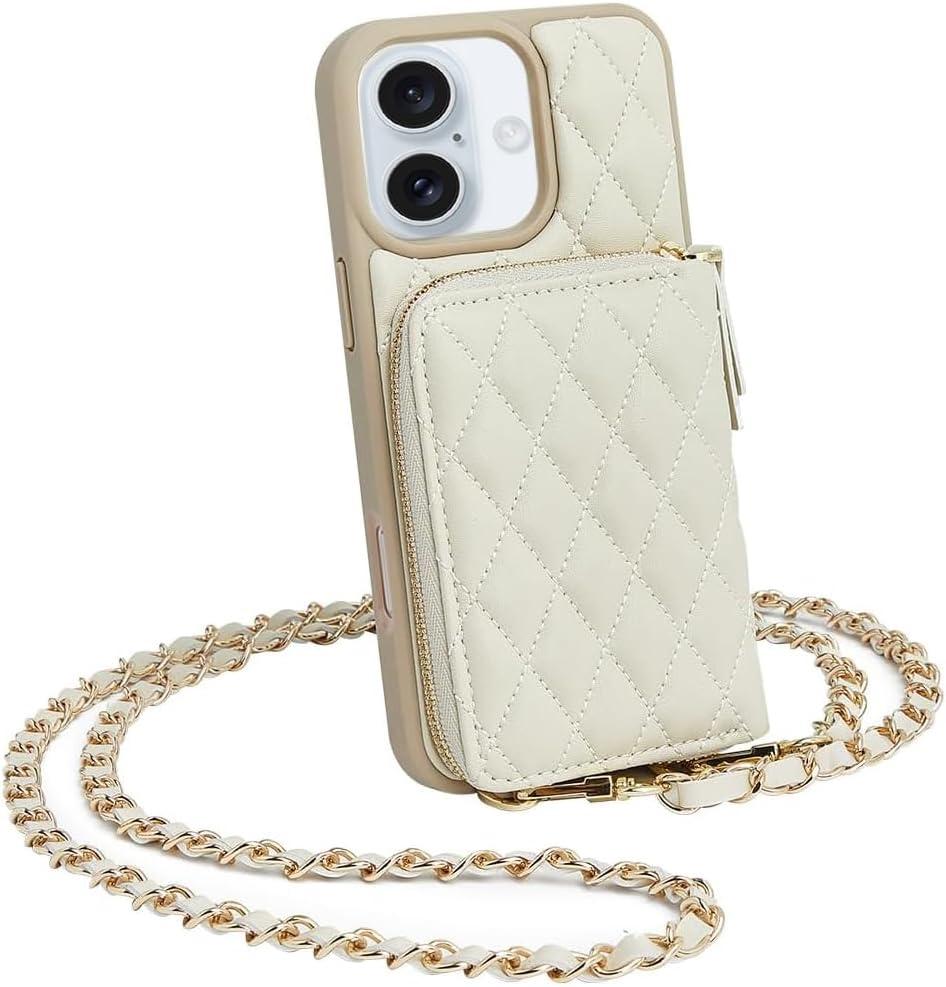 LAMEEKU Compatible with iPhone 16 Case Wallet with Card Holder, RFID Blocking Wrist Strap Crossbody Phone Cover for Women for iPhone 16 6.1" Beige