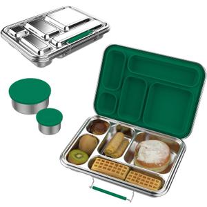Stainless Steel Bento Box for Adults,31.6 oz Leakproof 5-Compartments Stainless Steel Bento Containers, Metal Lunch Box with 2 Container, Dishwasher Safe, Design for Office,Outdoor, BPA-Free Green