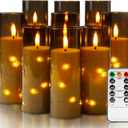 Homemory Flameless Candles with Embedded Star String Fairy Lights, Acrylic Battery Operated Candles with Remote Control and Timer, Flickering LED Candle for Halloween, Grey, Set of 9, D2.2xH567