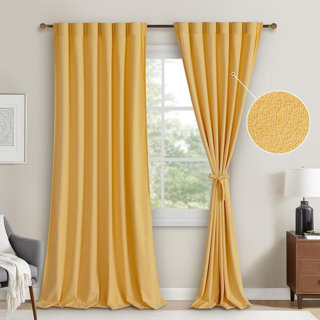 DWCN Velvet Curtains Room Darkening Back Tab and Rod Pocket Window Panels, Light Blocking Tieable Drapes for Bedroom Living Room Baby Nursery, W52 x L84, 2 Panels, Yellow