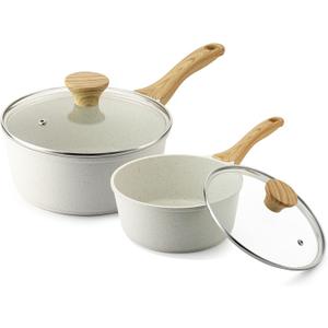 SENSARTE White Ceramic Nonstick Saucepan with Lid Set, Small Cooking Pot with Stay Cool Handle, Induction Compatible Saucepot, White Granite Coating, PFOA/PFAS Free, 1.5 + 2.5QT